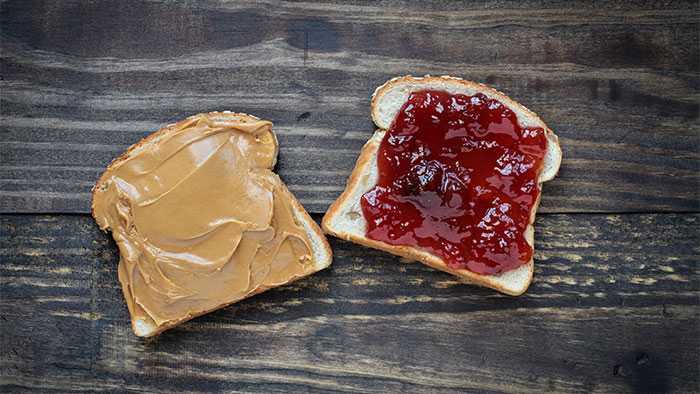 Preconstructed peanut butter and jelly sandwich waiting to be put together