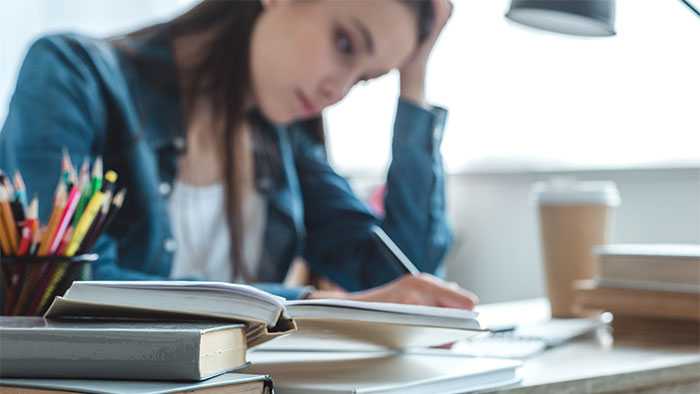 Scrum Master focuses on learning from notes and books laid out on her desk