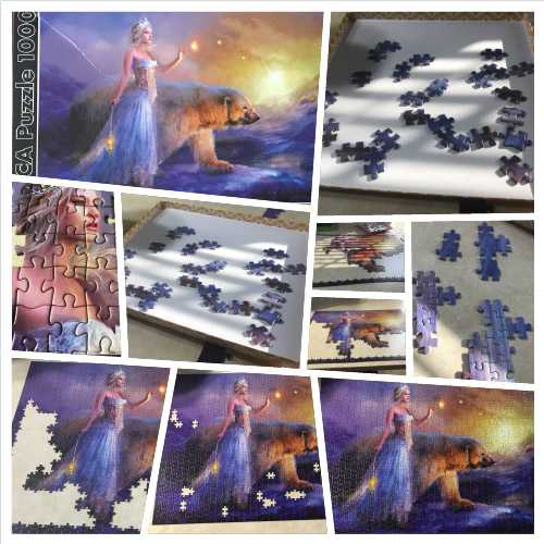 Collage of images that work through the progression of working a jigsaw puzzle