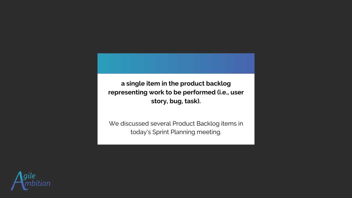 Back of a vocabulary card for the term Product Backlog Item