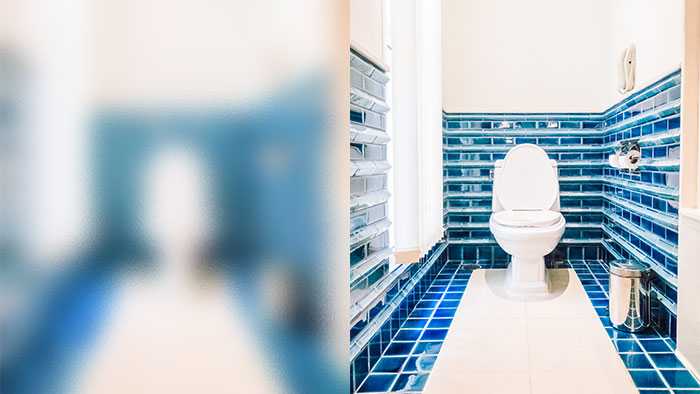 Side by side comparison of a bathroom shot viewed through frosted glass and transparent glass