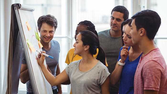 Team members actively gathered around white board collaborating on design