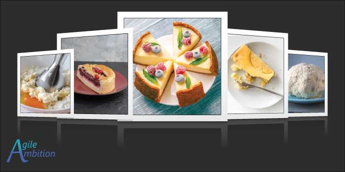 Five images of cheese cake in various states of baking and consumption