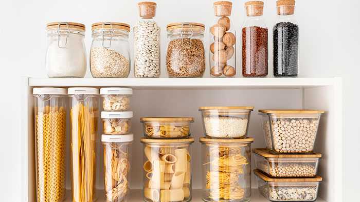 Dry goods stored in containers of varying sizes