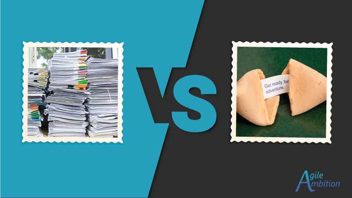 Info grafic showing stacks of paper on one side vs a fortune cookie on the other.