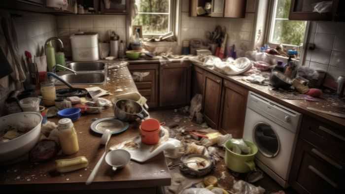 Disasterous kitchen with dirty dishes and trash strung all over the place